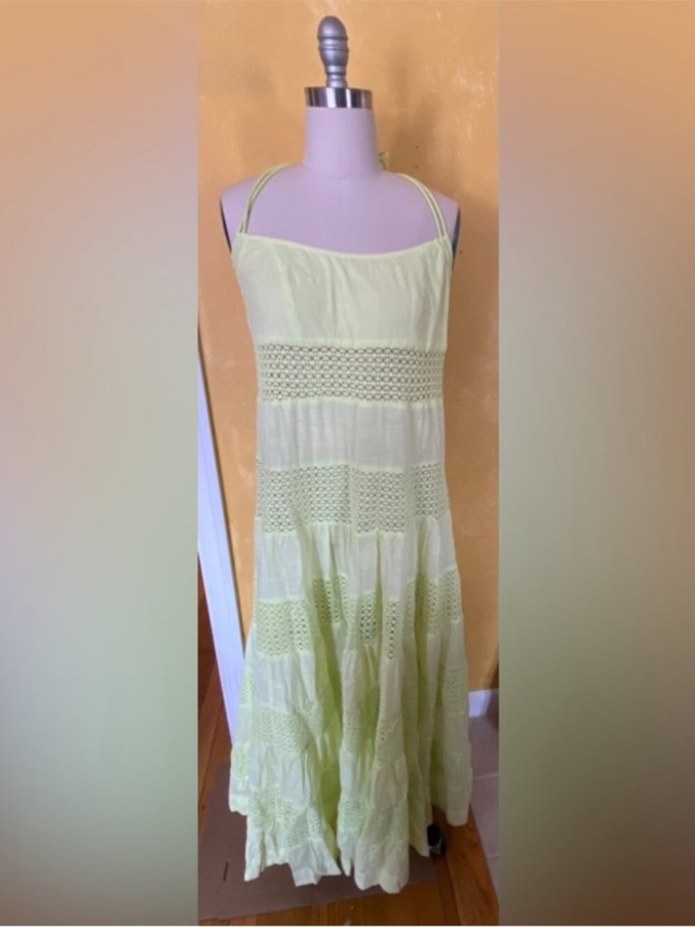 By Anthropologie Sheer Lace Tiered Midi Dress XSP PXS new with tag YELLOW